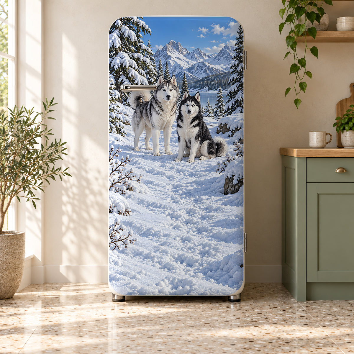 Huskies in the Snow fridge wrap on a retro refrigerator