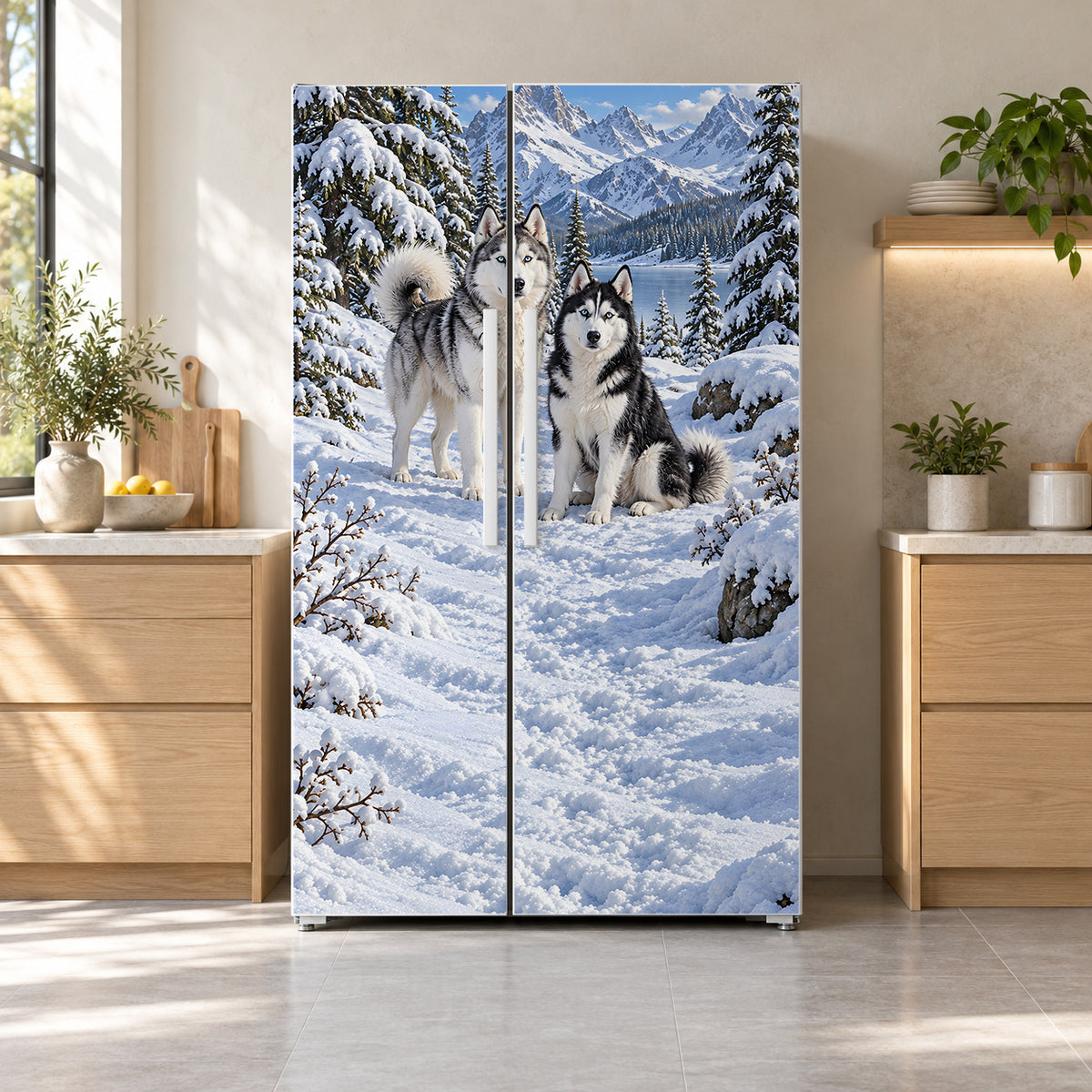Huskies in the Snow fridge wrap on a side-by-side refrigerator