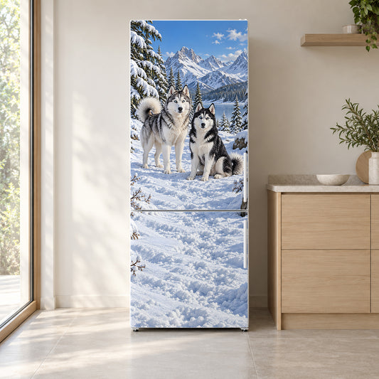 Huskies in the Snow fridge wrap on a white refrigerator in a bright kitchen