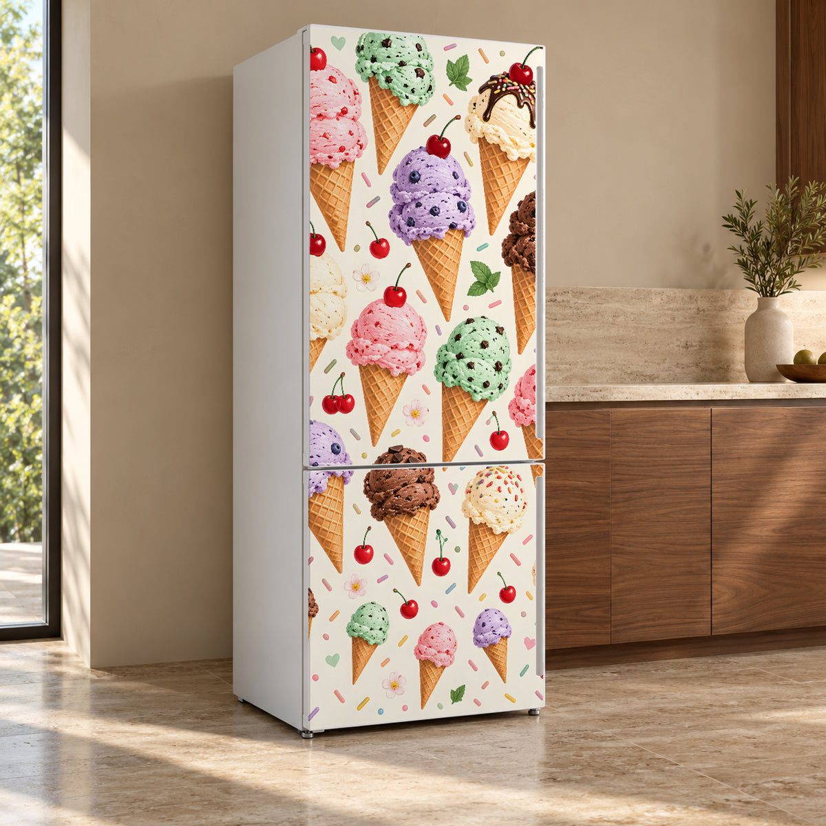 Ice Cream Cones fridge wrap, refrigerator shown at an angle