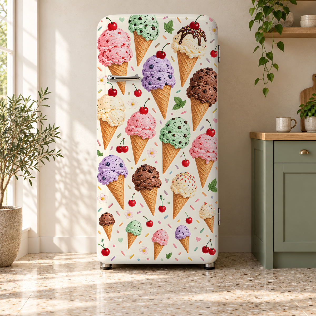 Ice Cream Cones fridge wrap on a retro refrigerator