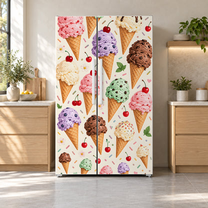 Ice Cream Cones fridge wrap on a side-by-side refrigerator