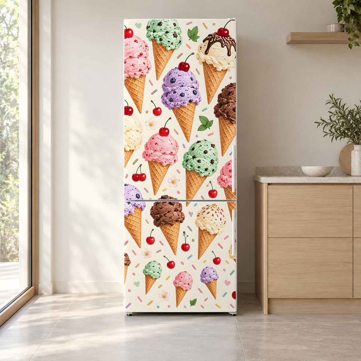 Ice Cream Cones fridge wrap on a white refrigerator in a bright kitchen