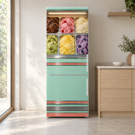 Ice Cream Parlor Freezer fridge wrap on a white refrigerator in a bright kitchen