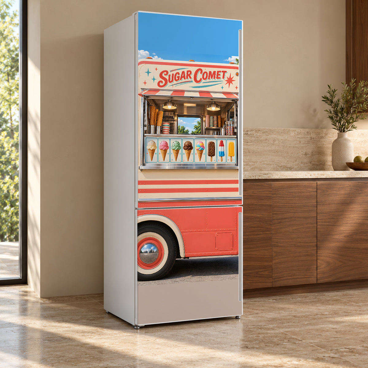 Ice Cream Truck Window fridge wrap, refrigerator shown at an angle