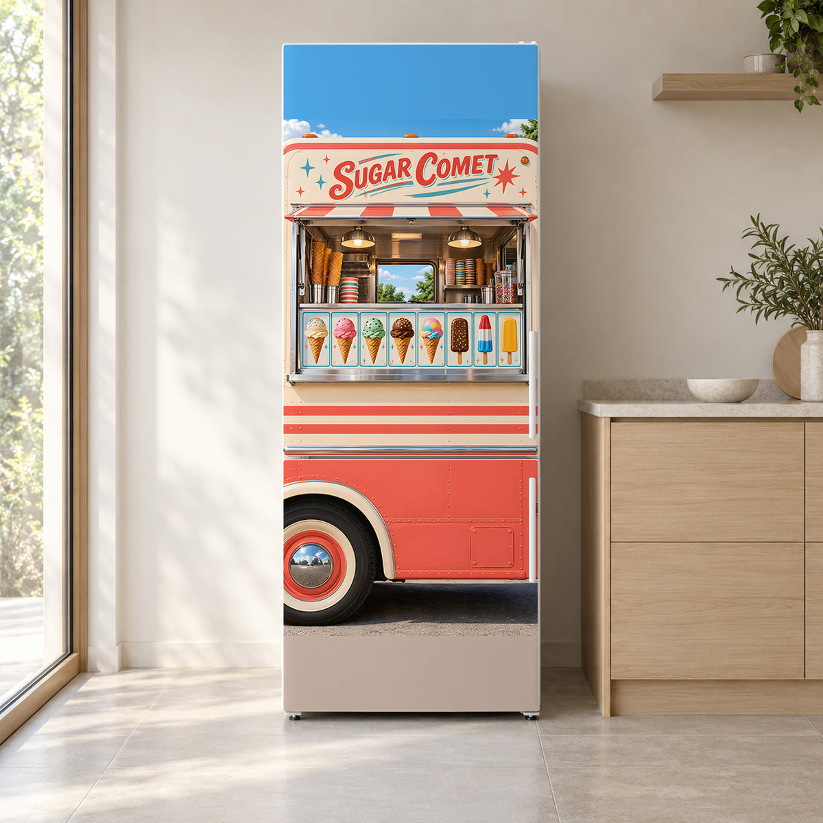 Ice Cream Truck Window fridge wrap on a white refrigerator in a bright kitchen