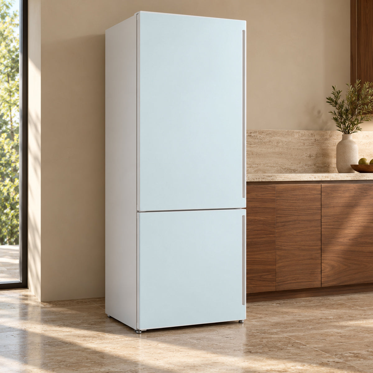 Icy Glacier Blue fridge wrap, refrigerator shown at an angle