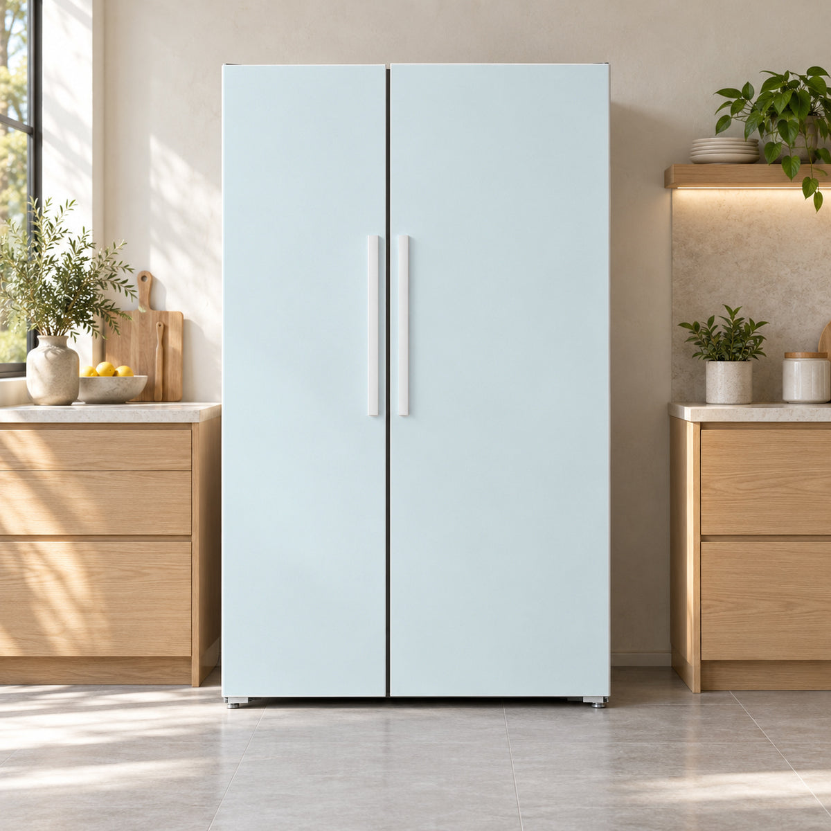 Icy Glacier Blue fridge wrap on a side-by-side refrigerator