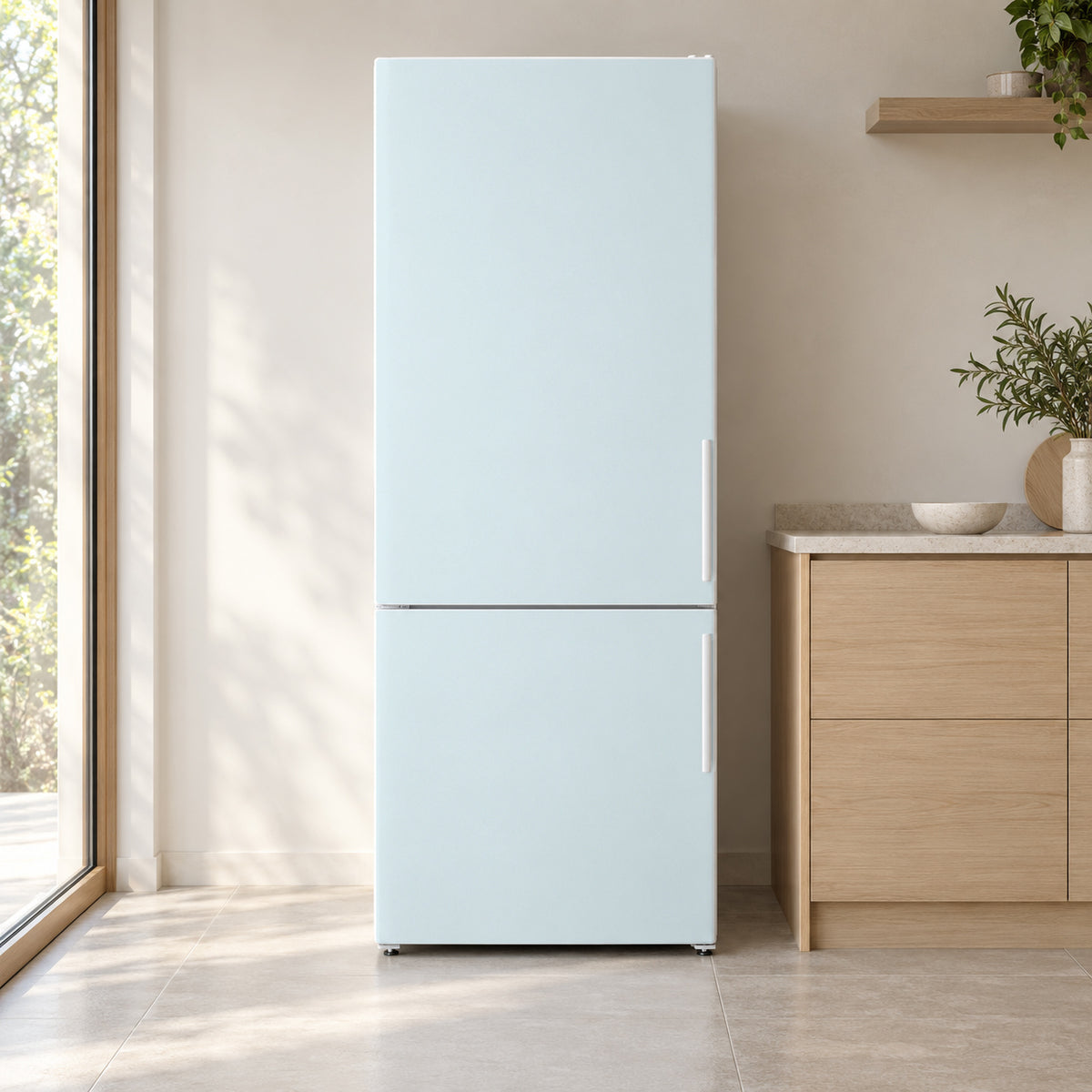 Icy Glacier Blue fridge wrap on a white refrigerator in a bright kitchen