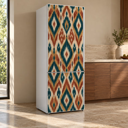 Ikat Pattern fridge wrap, refrigerator shown at an angle