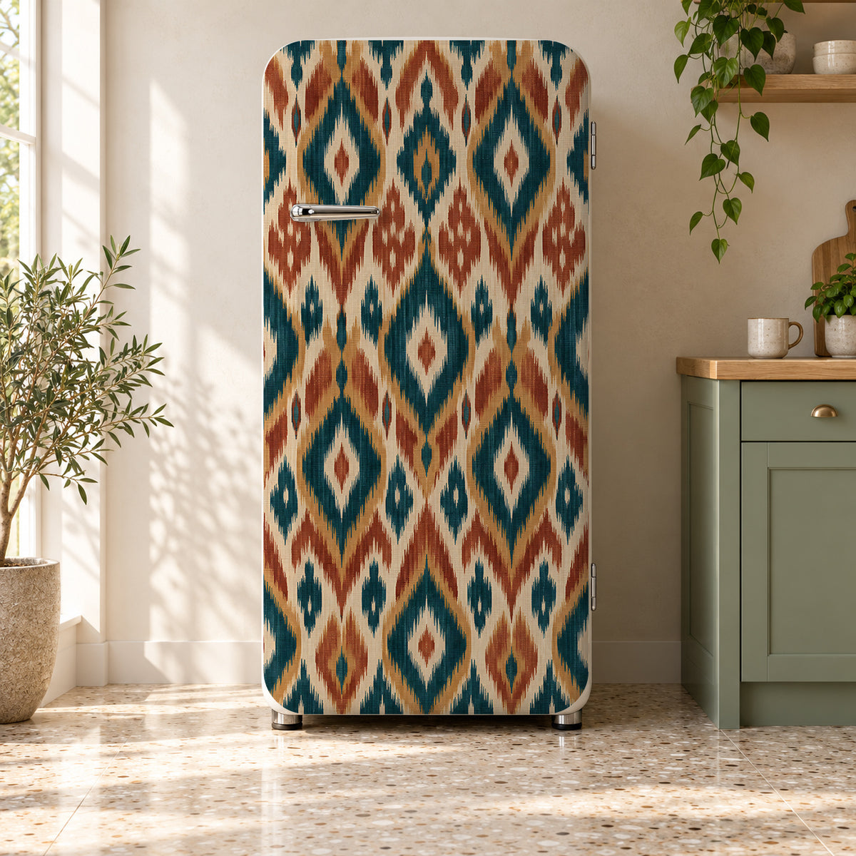 Ikat Pattern fridge wrap on a retro refrigerator