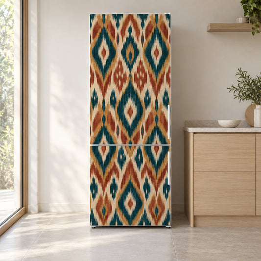 Ikat Pattern fridge wrap on a white refrigerator in a bright kitchen