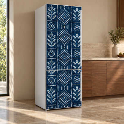 Indigo Block Print fridge wrap, refrigerator shown at an angle