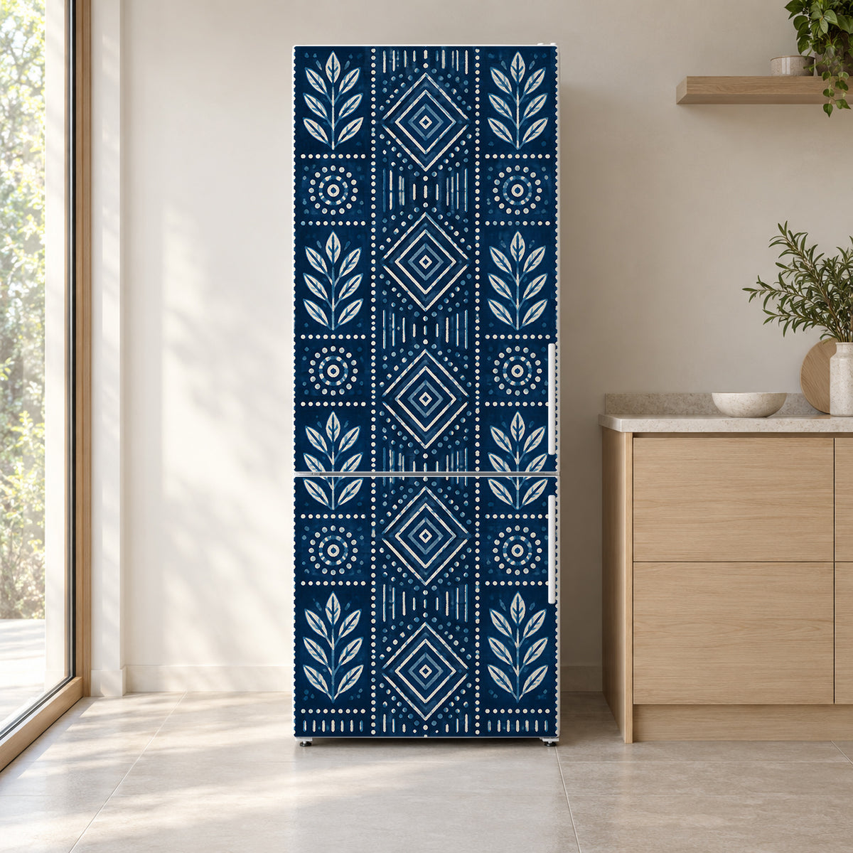 Indigo Block Print fridge wrap on a white refrigerator in a bright kitchen