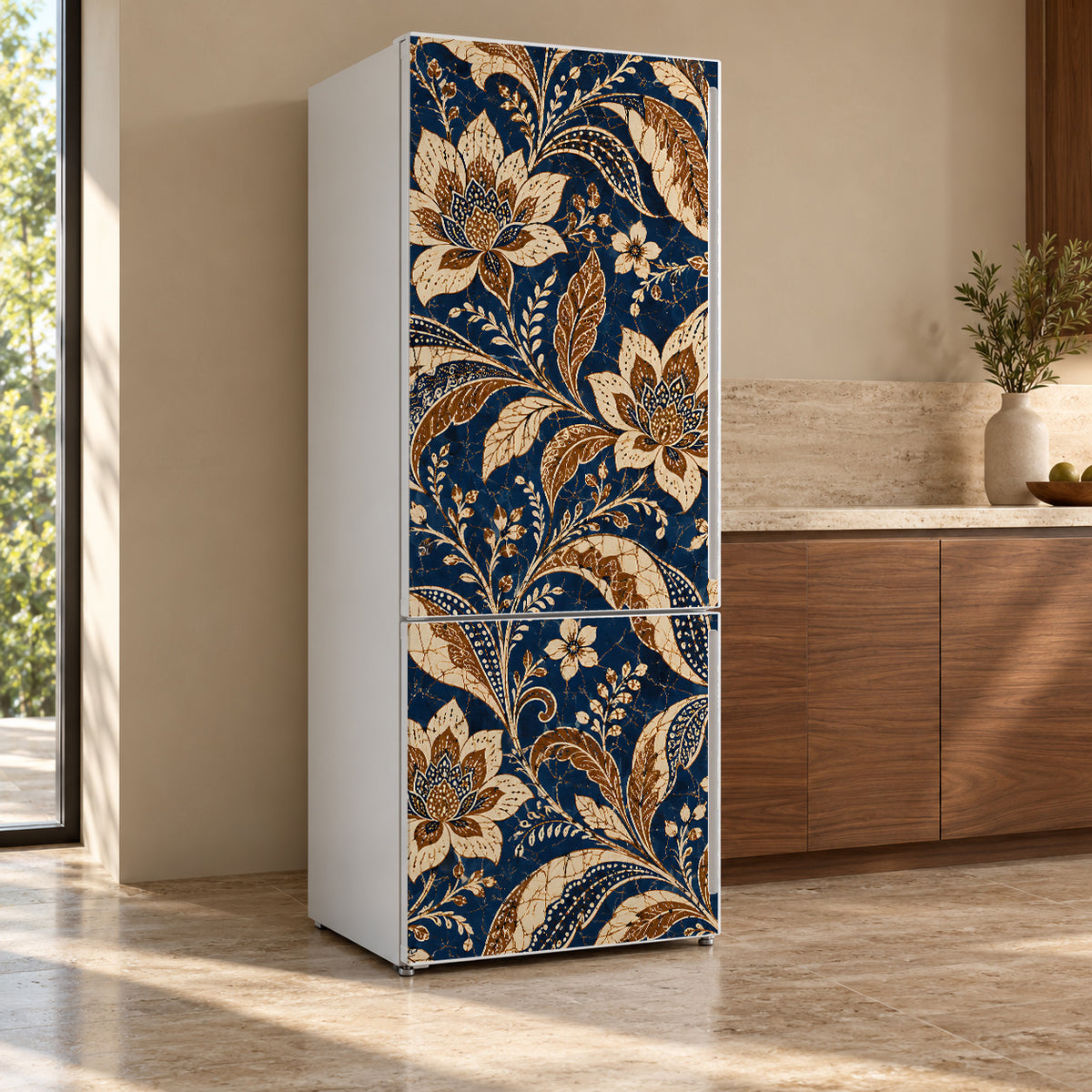 Indonesian Batik fridge wrap, refrigerator shown at an angle