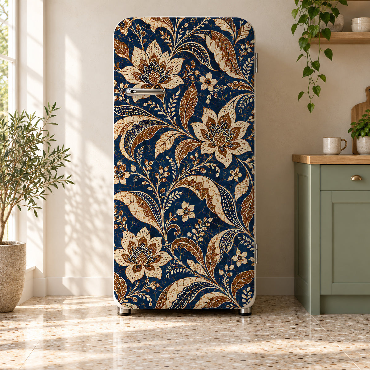 Indonesian Batik fridge wrap on a retro refrigerator
