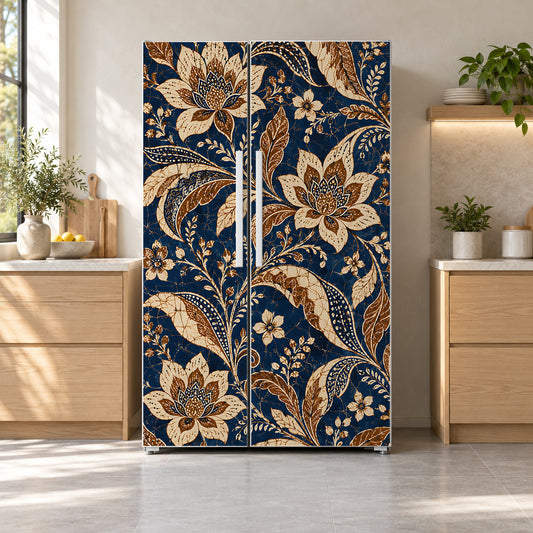 Indonesian Batik fridge wrap on a side-by-side refrigerator