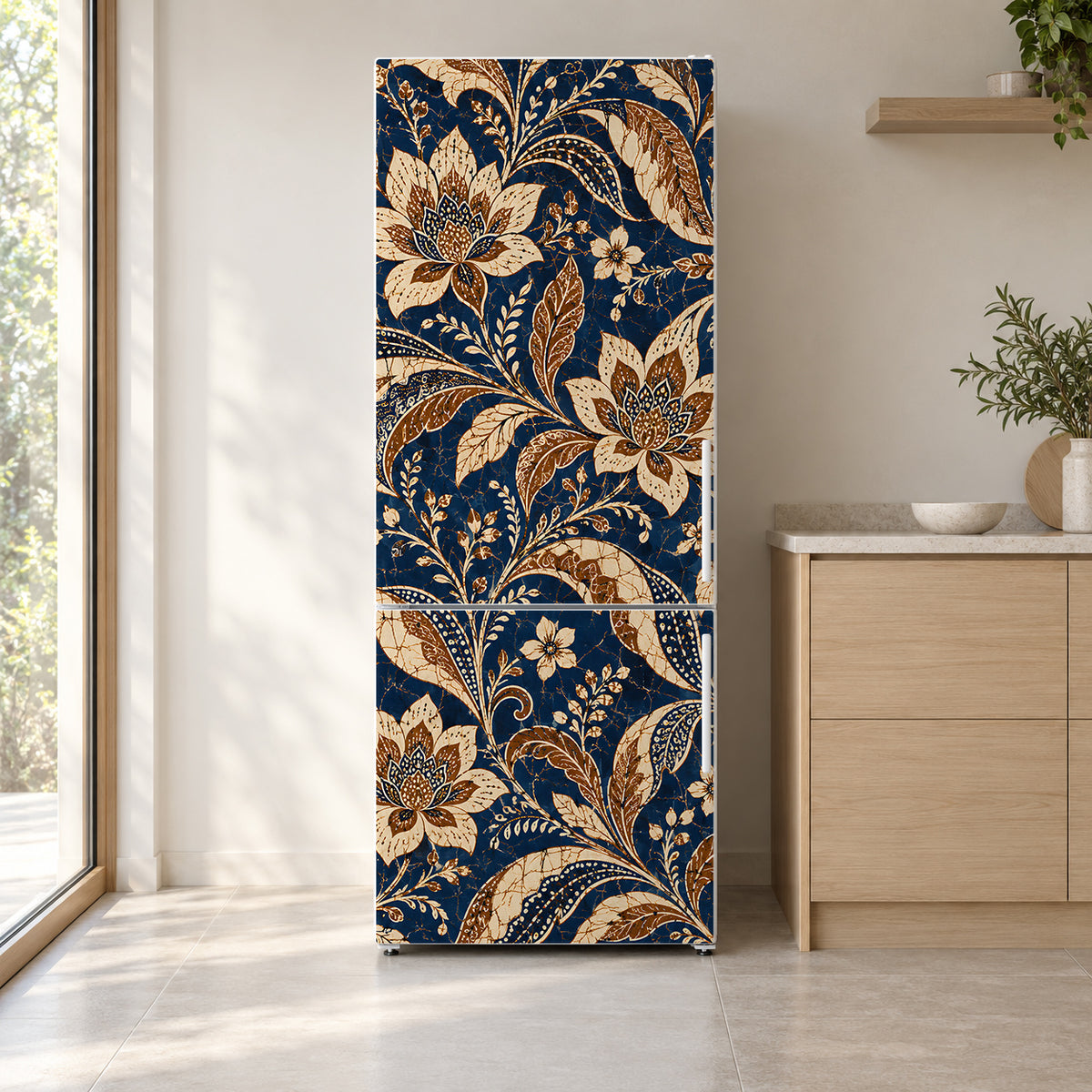 Indonesian Batik fridge wrap on a white refrigerator in a bright kitchen