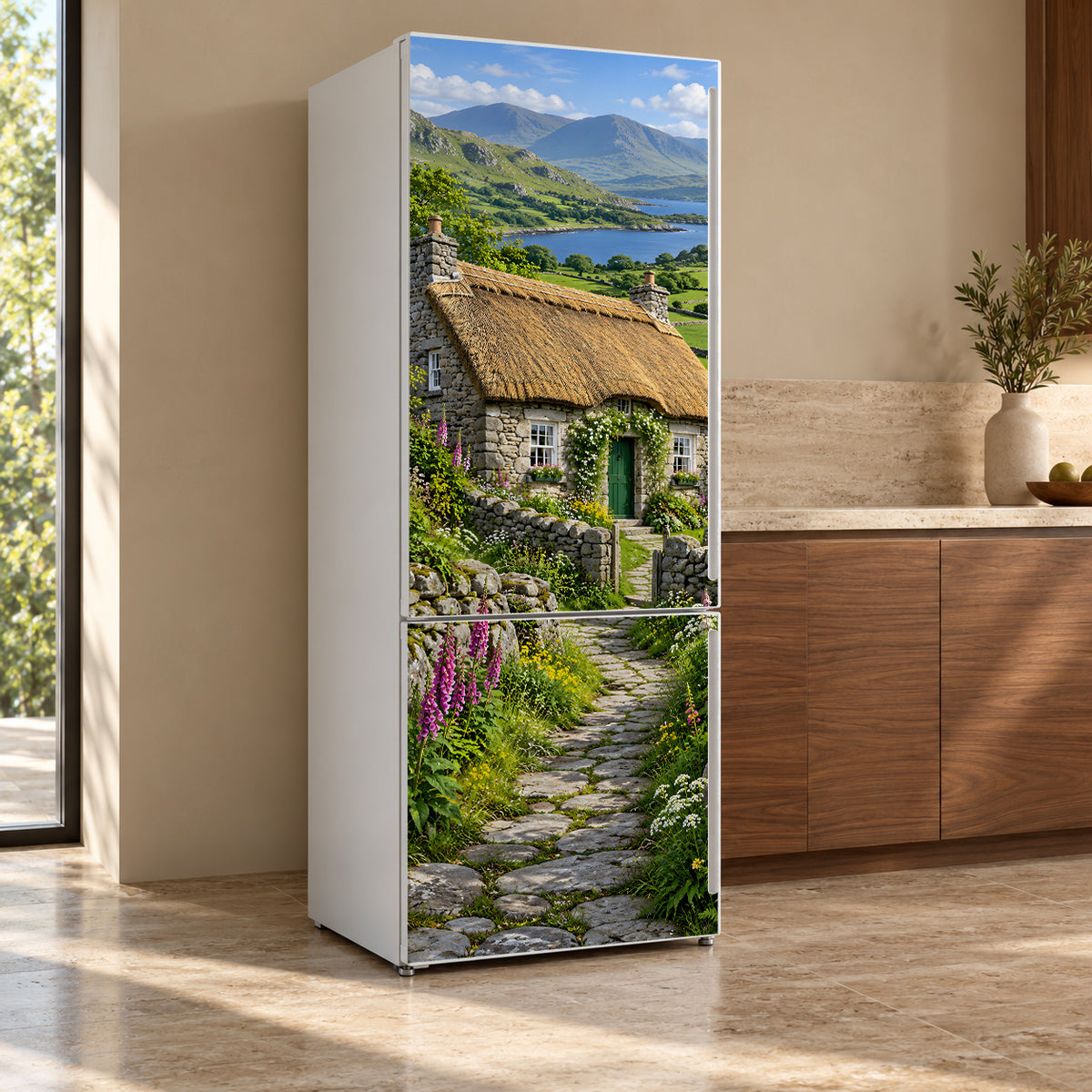 Irish Stone Cottage fridge wrap, refrigerator shown at an angle