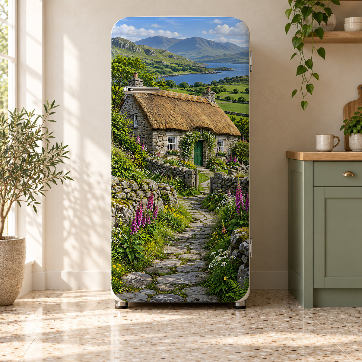 Irish Stone Cottage fridge wrap on a retro refrigerator