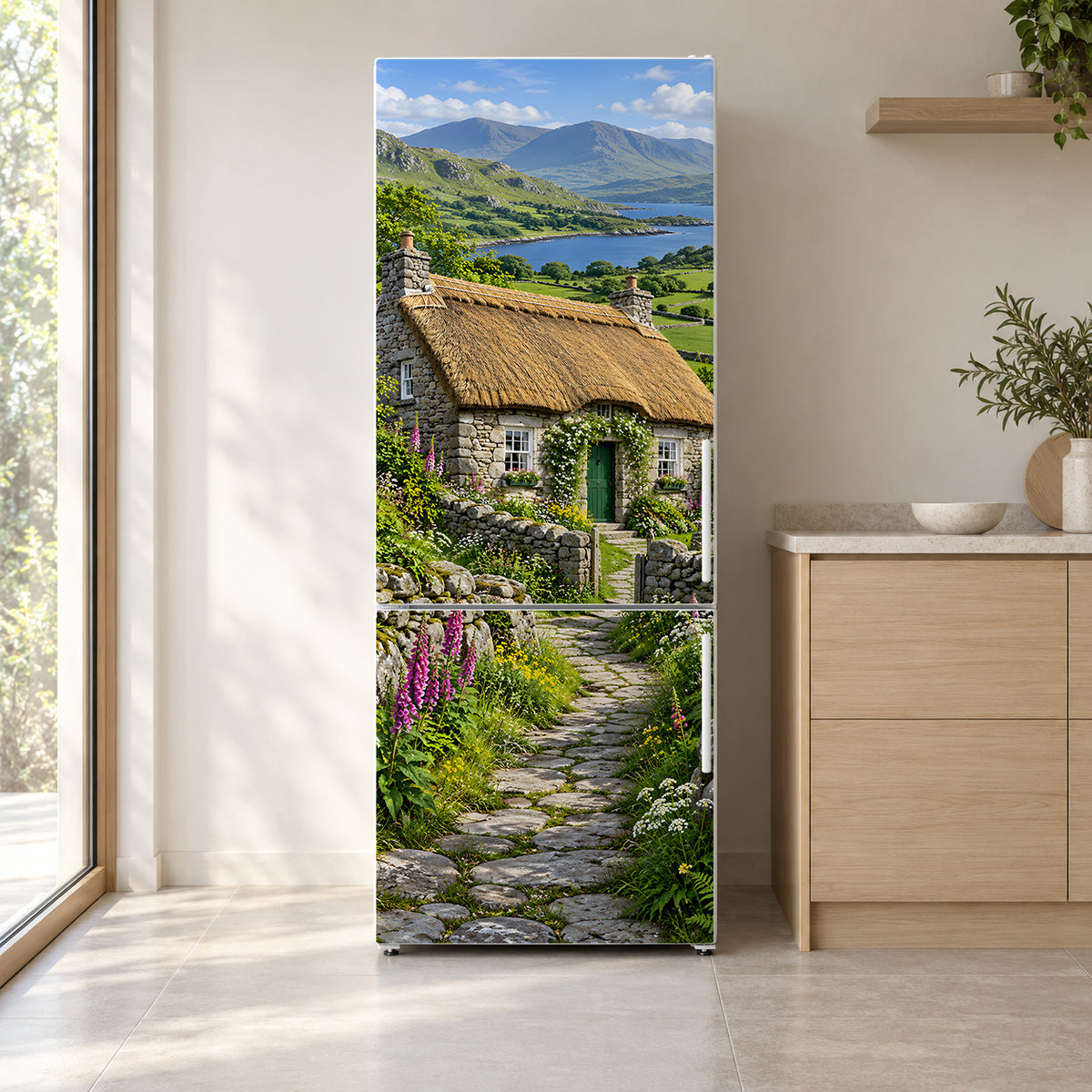 Irish Stone Cottage fridge wrap on a white refrigerator in a bright kitchen