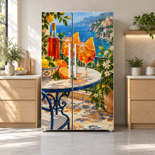 Italian Spritz Summer fridge wrap on a side-by-side refrigerator
