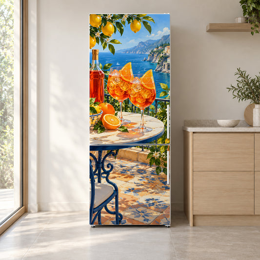 Italian Spritz Summer fridge wrap on a white refrigerator in a bright kitchen
