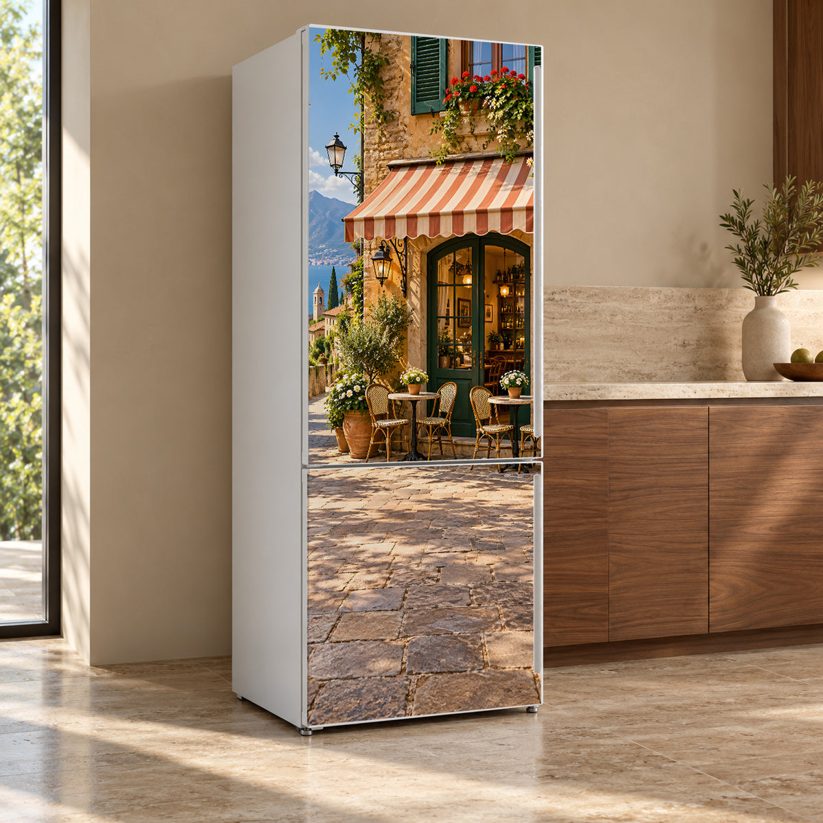 Italian Street Cafe fridge wrap, refrigerator shown at an angle