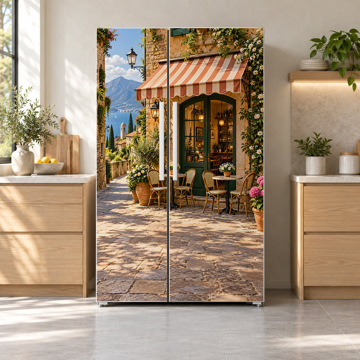 Italian Street Cafe fridge wrap on a side-by-side refrigerator