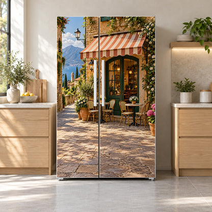 Italian Street Cafe fridge wrap on a side-by-side refrigerator