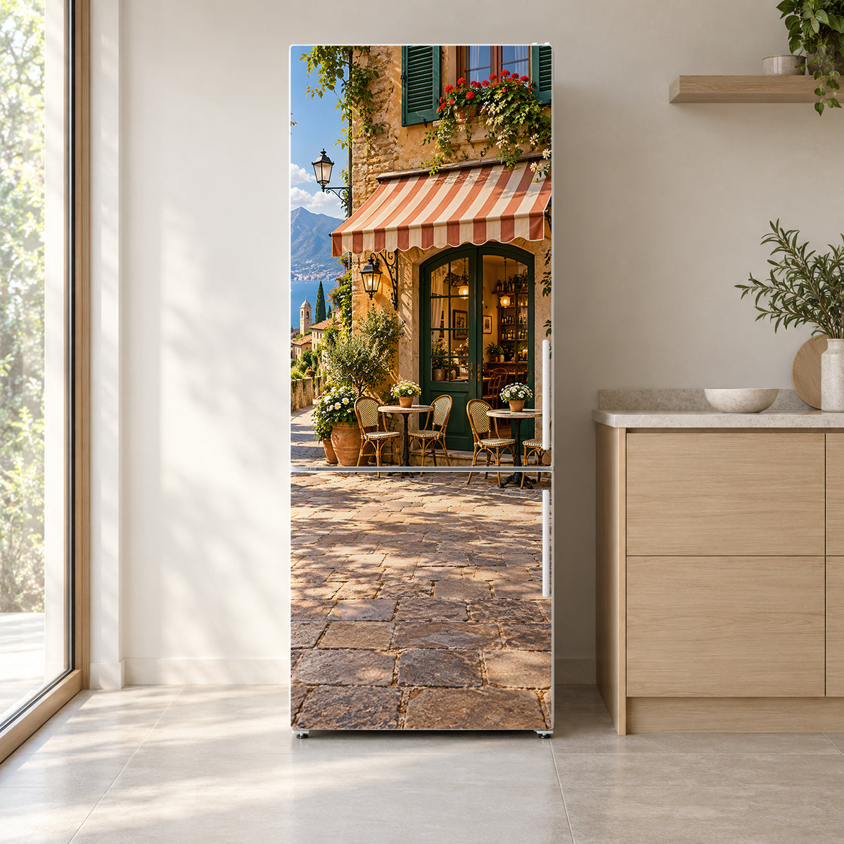 Italian Street Cafe fridge wrap on a white refrigerator in a bright kitchen