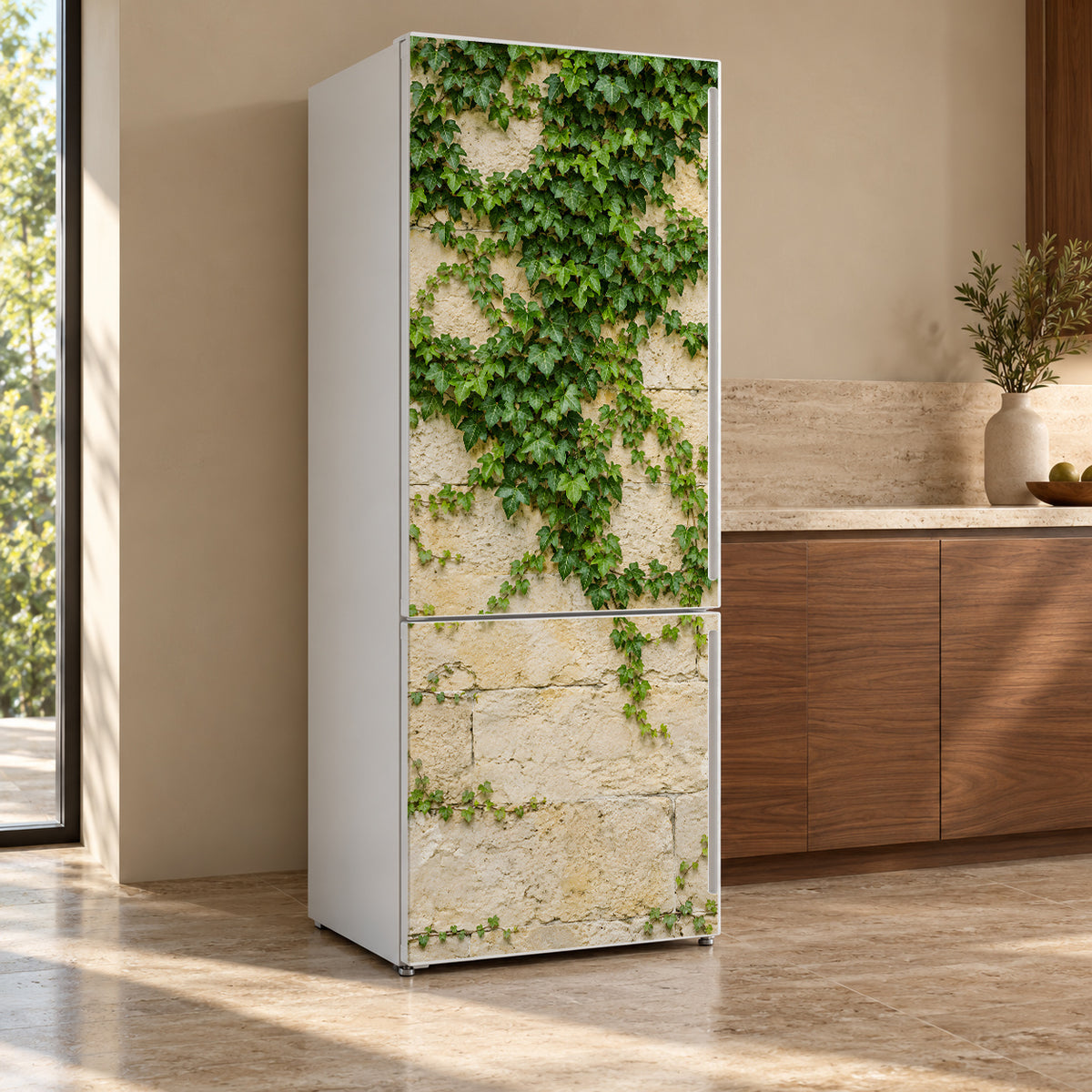 Ivy Stone Wall fridge wrap, refrigerator shown at an angle