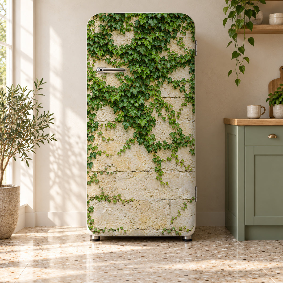 Ivy Stone Wall fridge wrap on a retro refrigerator