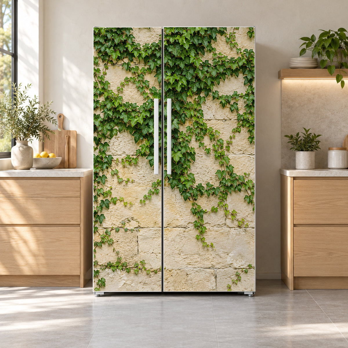 Ivy Stone Wall fridge wrap on a side-by-side refrigerator