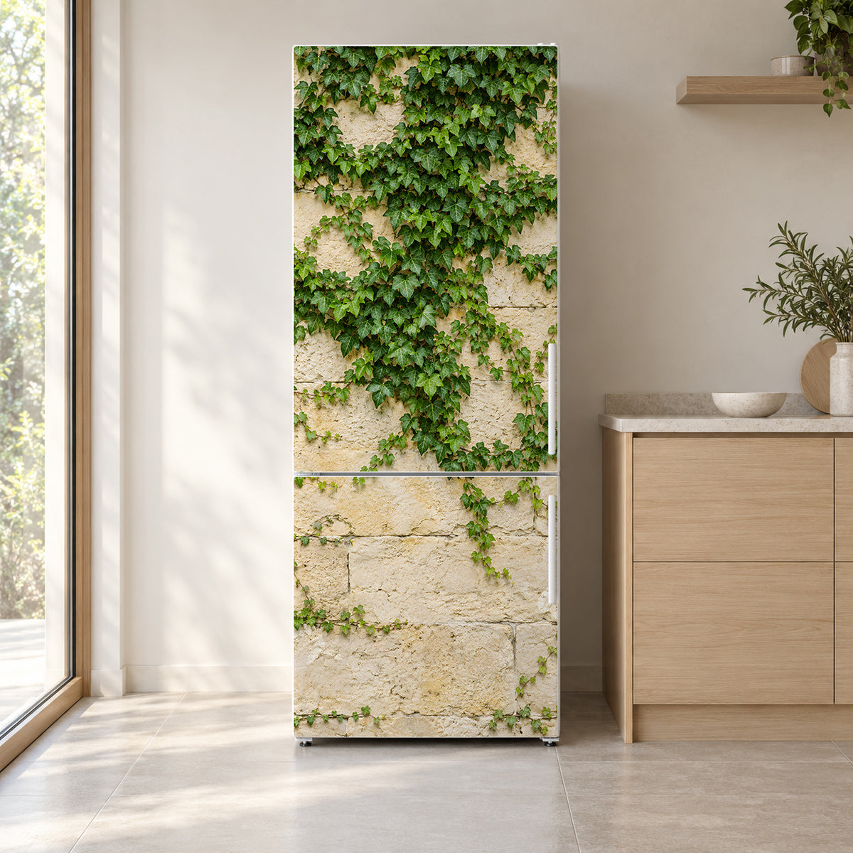 Ivy Stone Wall fridge wrap on a white refrigerator in a bright kitchen