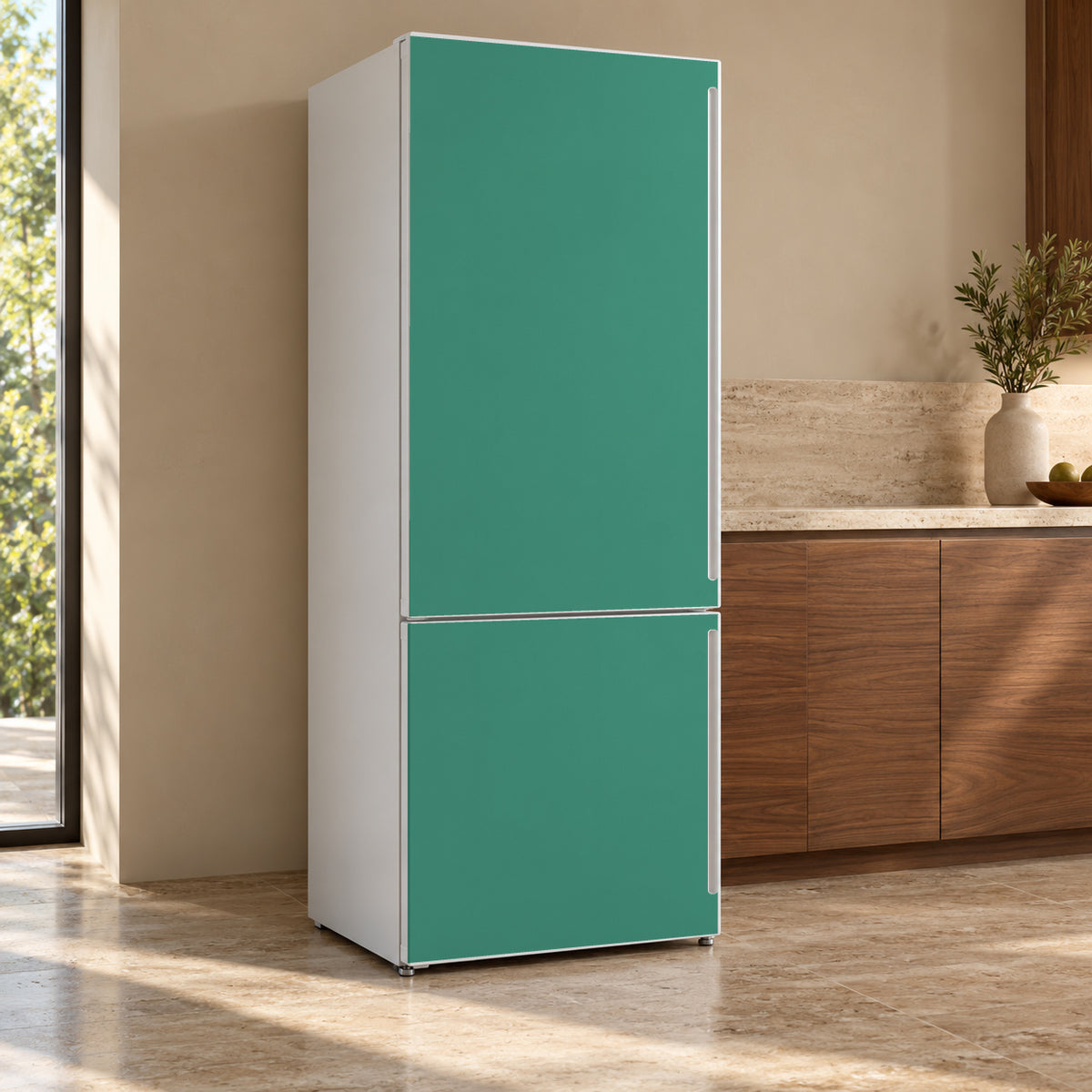 Jade Green fridge wrap, refrigerator shown at an angle