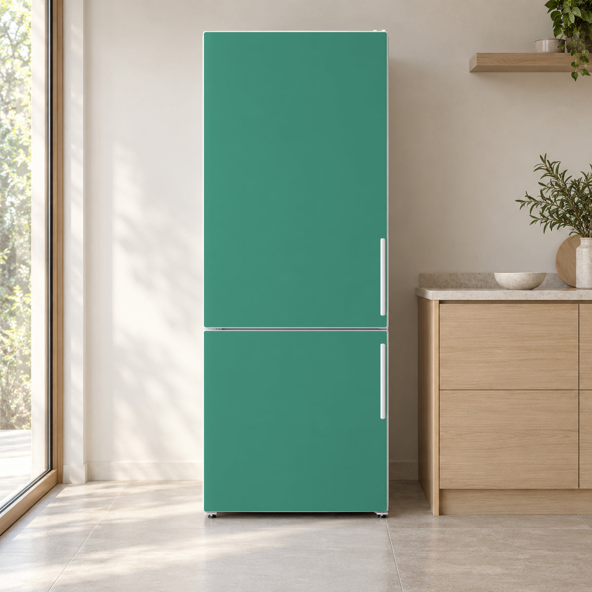 Jade Green fridge wrap on a white refrigerator in a bright kitchen