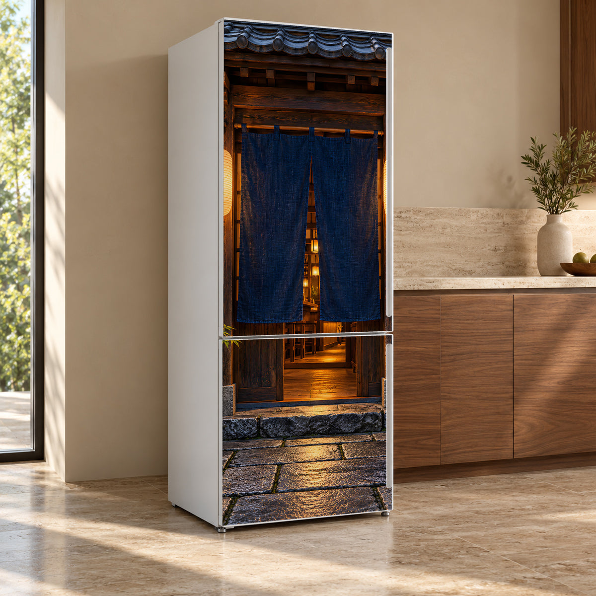 Japanese Izakaya Doorway fridge wrap, refrigerator shown at an angle
