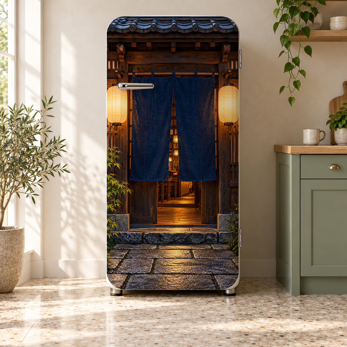 Japanese Izakaya Doorway fridge wrap on a retro refrigerator