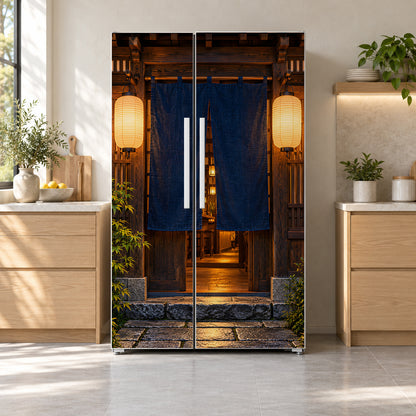 Japanese Izakaya Doorway fridge wrap on a side-by-side refrigerator
