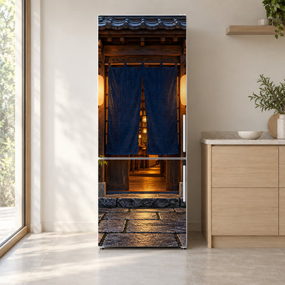 Japanese Izakaya Doorway fridge wrap on a white refrigerator in a bright kitchen