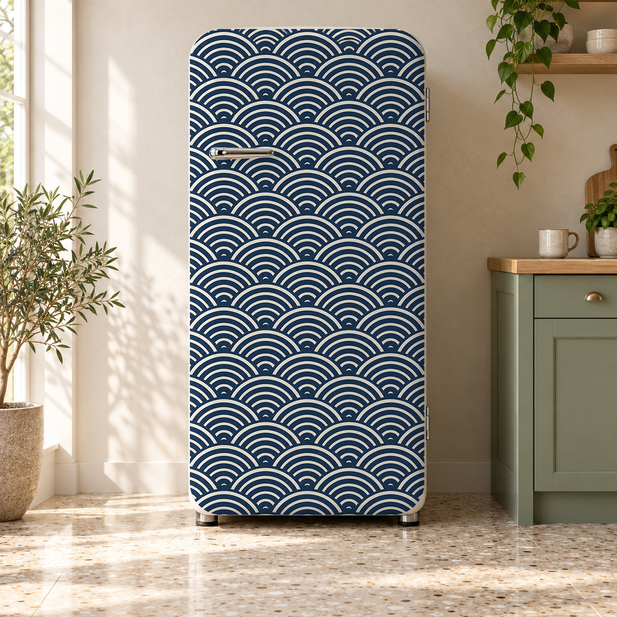 Japanese Seigaiha Waves fridge wrap on a retro refrigerator