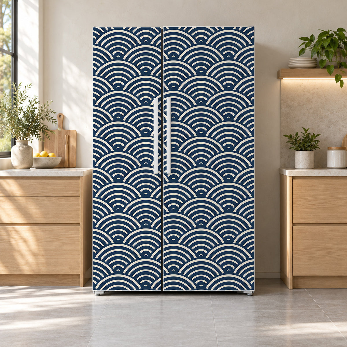 Japanese Seigaiha Waves fridge wrap on a side-by-side refrigerator