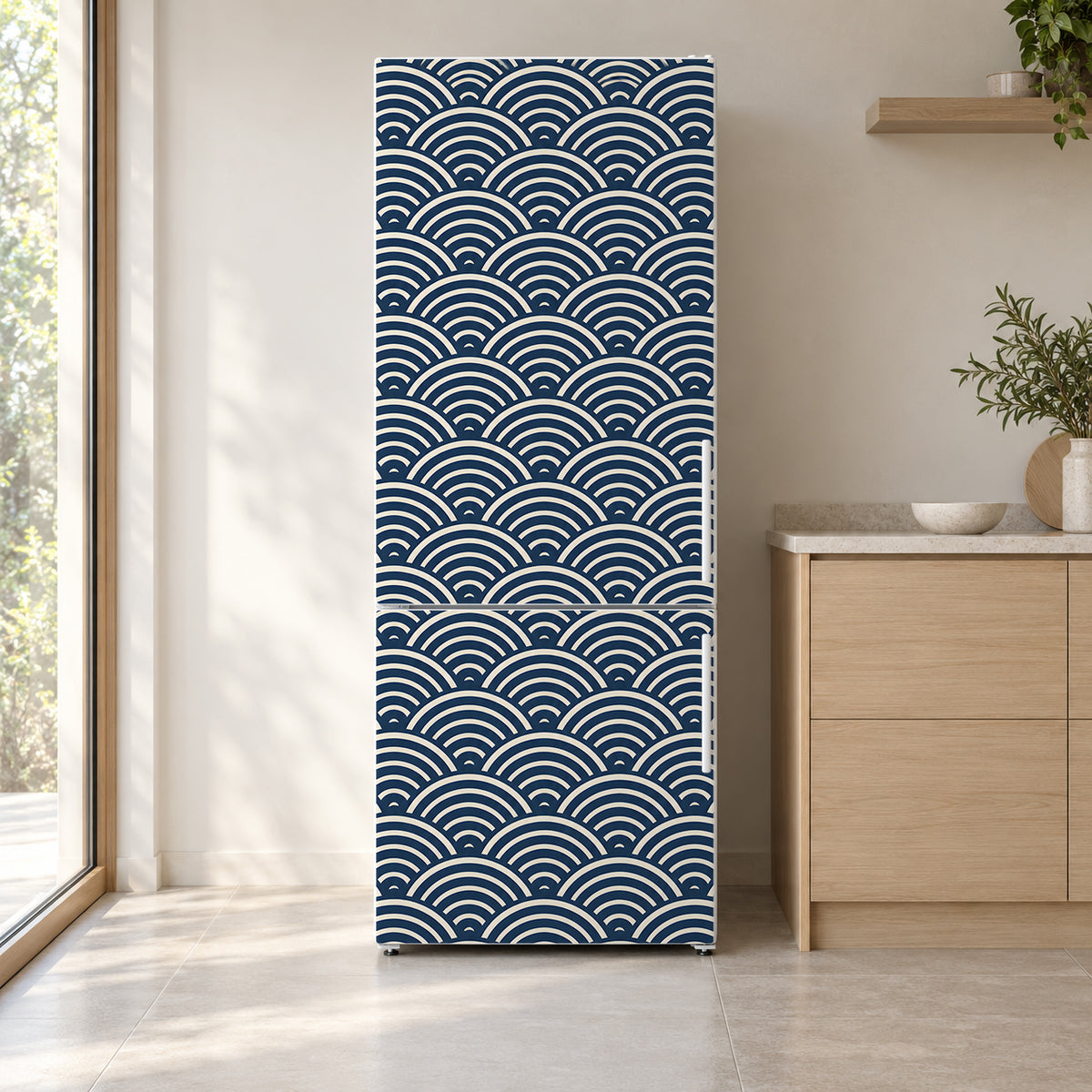 Japanese Seigaiha Waves fridge wrap on a white refrigerator in a bright kitchen