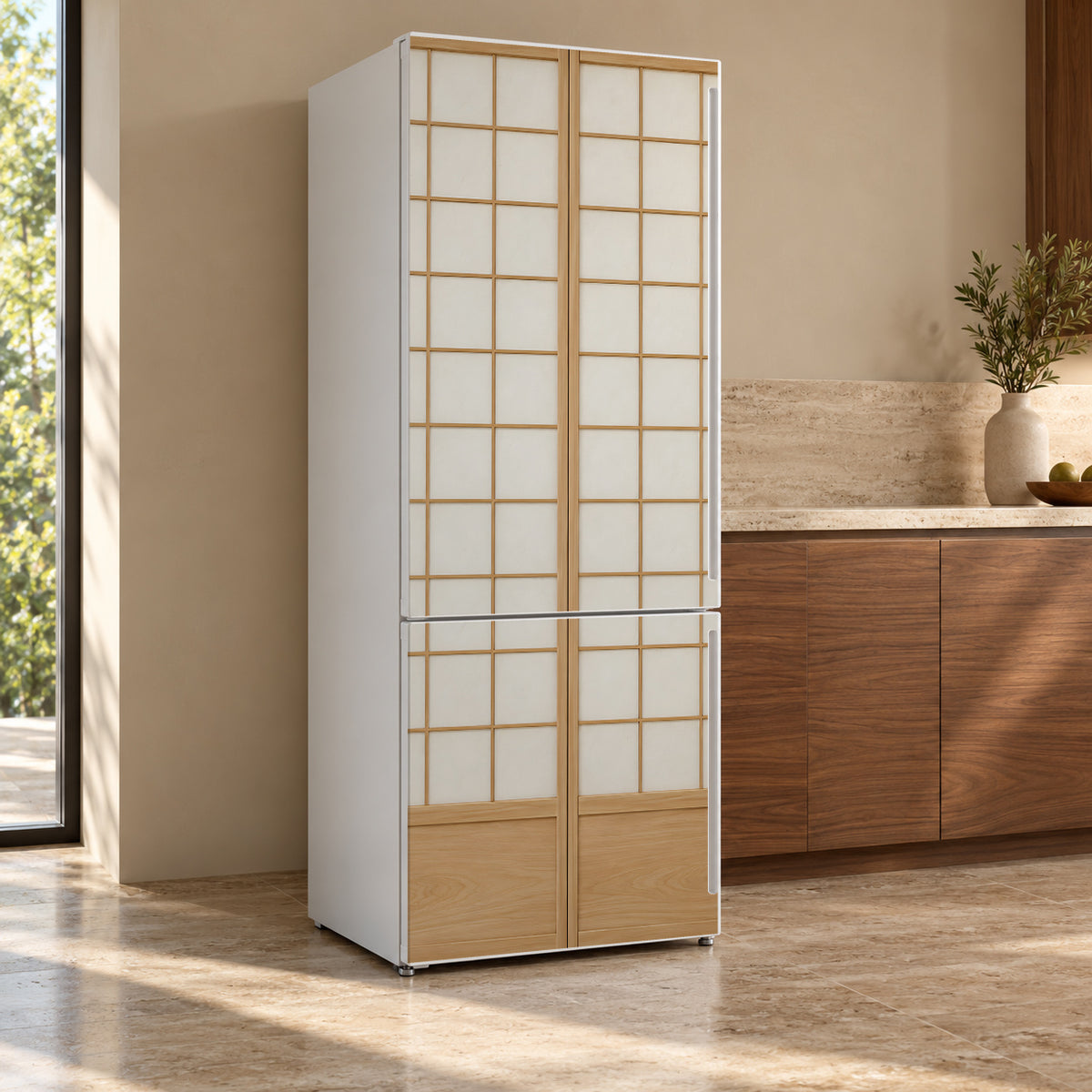 Japanese Shoji Doors fridge wrap, refrigerator shown at an angle