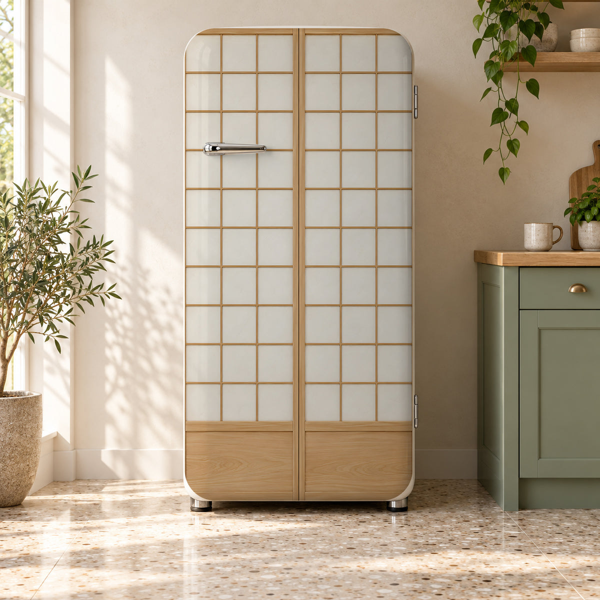 Japanese Shoji Doors fridge wrap on a retro refrigerator