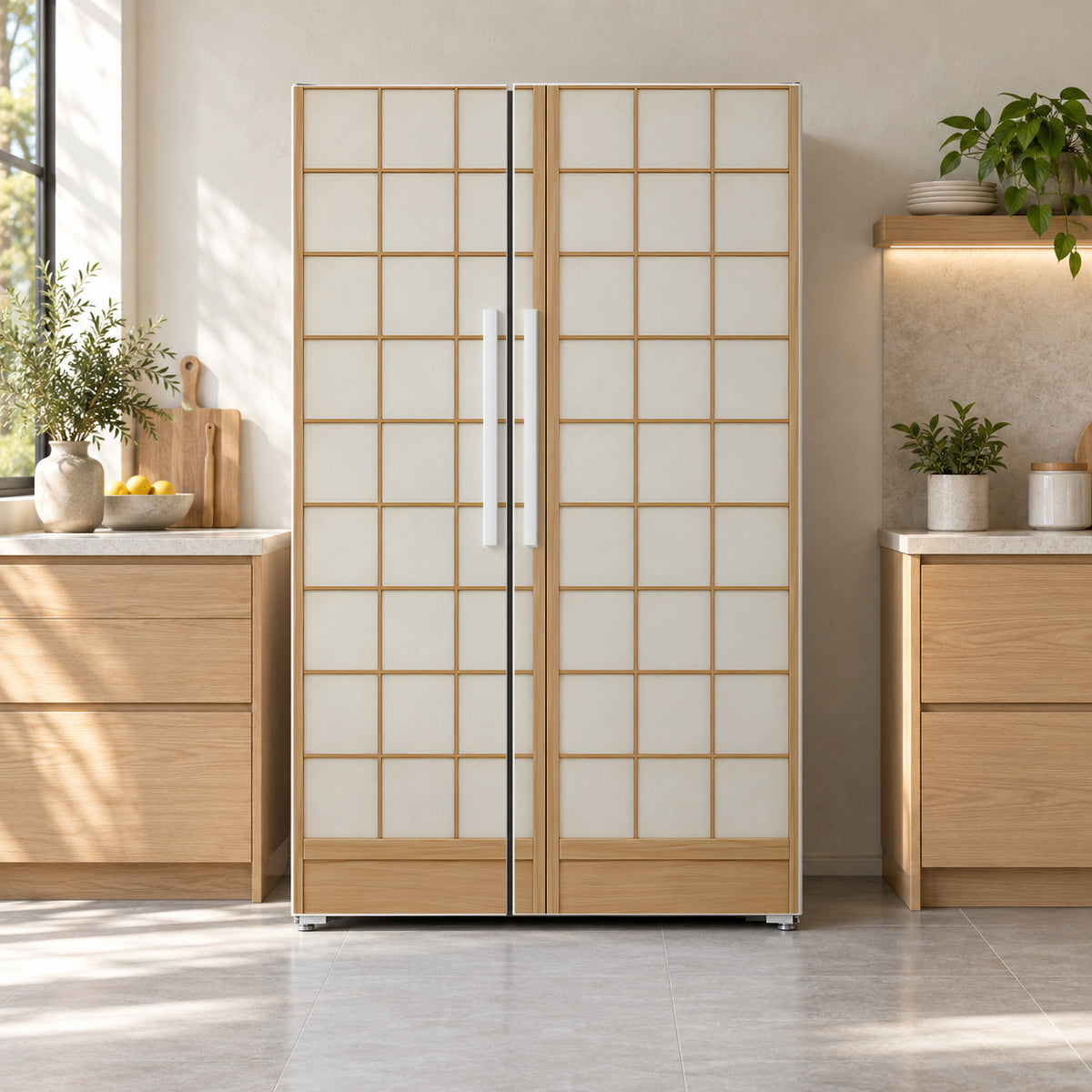 Japanese Shoji Doors fridge wrap on a side-by-side refrigerator