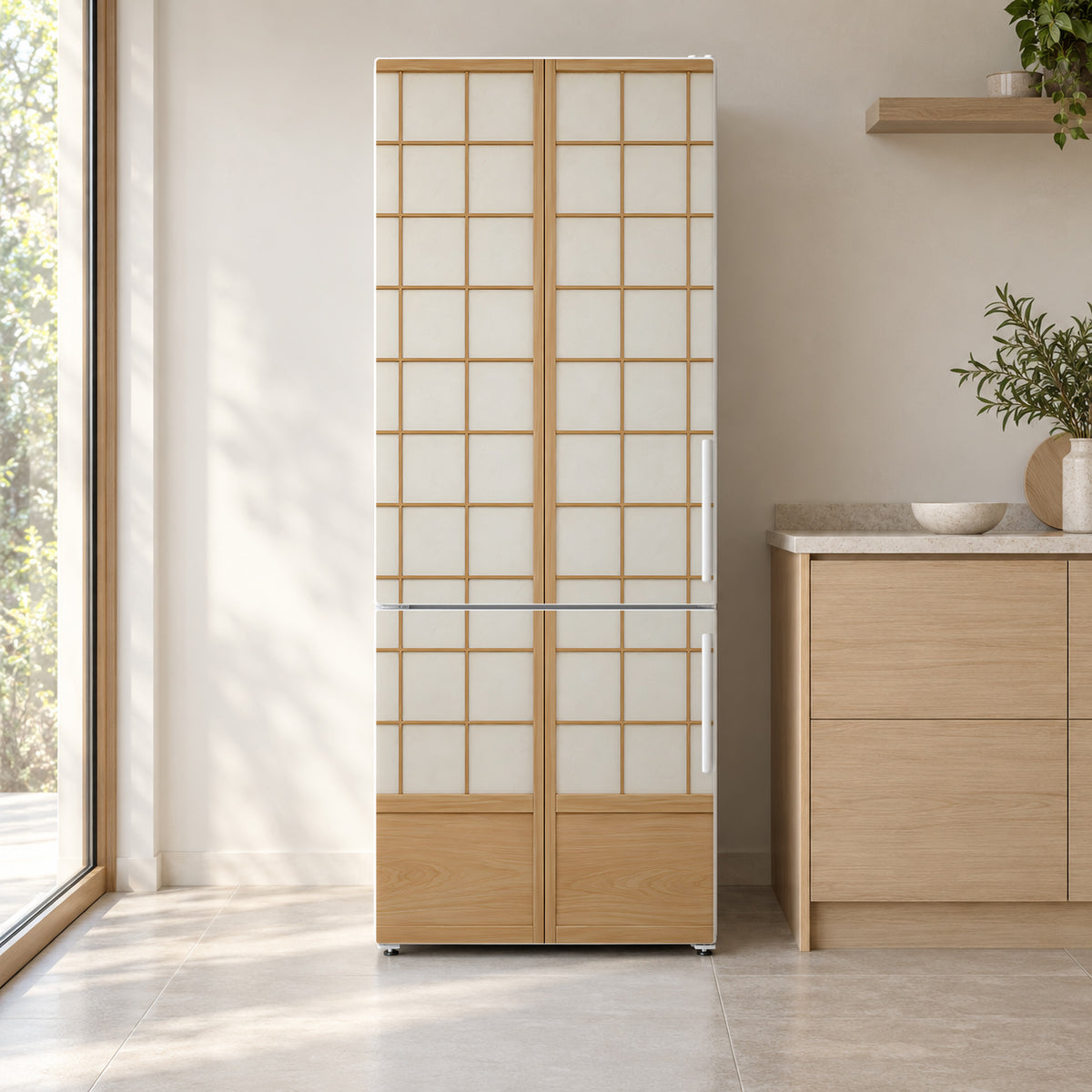 Japanese Shoji Doors fridge wrap on a white refrigerator in a bright kitchen