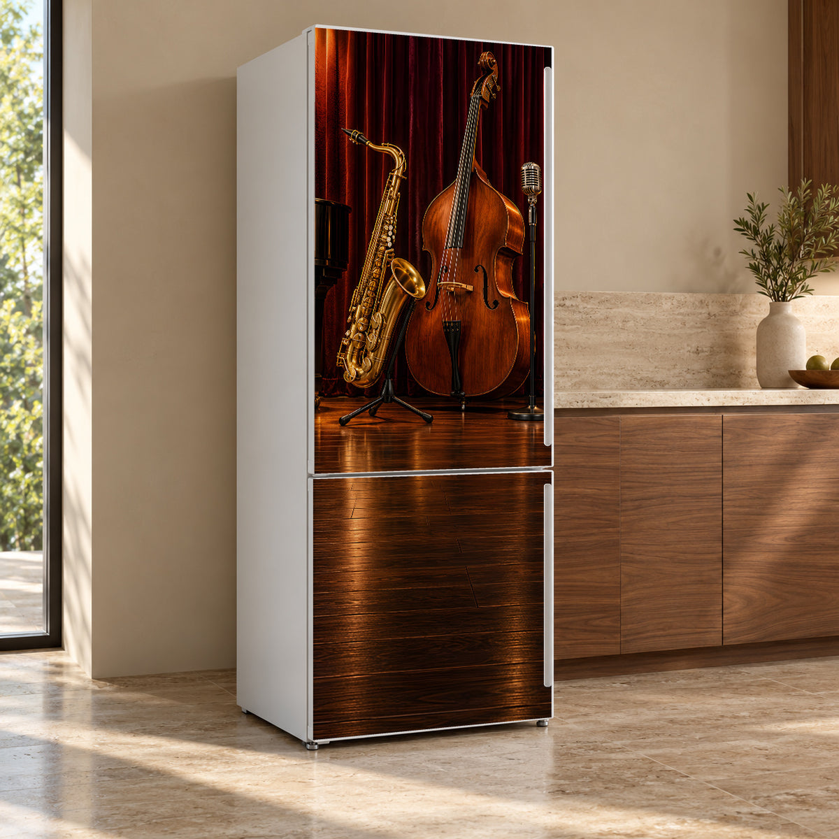 Jazz Club fridge wrap, refrigerator shown at an angle