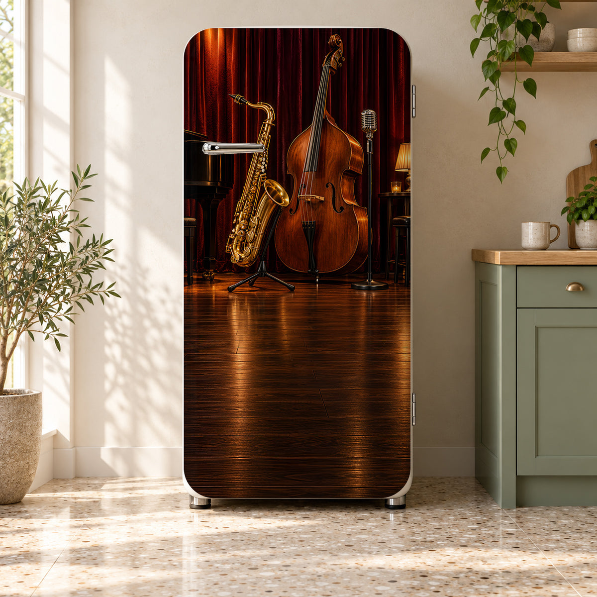 Jazz Club fridge wrap on a retro refrigerator